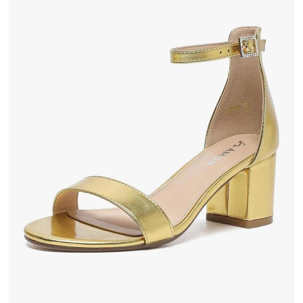 AMOJI FZ301 Gold Metallic Ankle Strap Block Heel Sandals Rhinestone Buckle 37